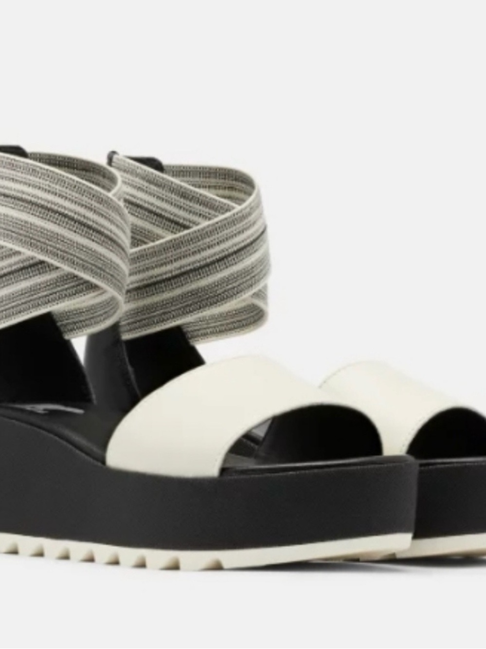 Sorel Cream and Black Platform Sandals with Striped Ankle Band